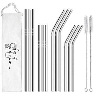 Hiware Eco-Friendly Reusable Stainless Steel Straws 12-Pack with Cleaning Brushes