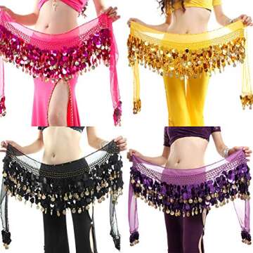 WEKIOOBON Belly Dance Hip Scarf, Sweet Belly Dance Skirt Wrap Performance Bling Sequins Coins, Belly Dancer Costumes for Women (Green)