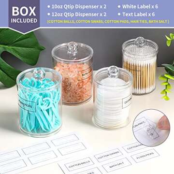 ME.FAN Qtip Holder Dispenser - 4 Pack 10oz, 12oz Clear Plastic Apothecary Jars Set - Restroom Bathro...