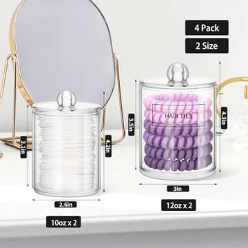 ME.FAN Qtip Holder Dispenser - 4 Pack 10oz, 12oz Clear Plastic Apothecary Jars Set - Restroom Bathroom Makeup Organizers Containers for Cotton Ball/Swab/Round Pads, Floss, Hair Ties, Bath Salt