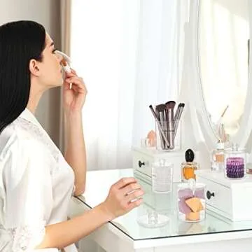 ME.FAN Qtip Holder Dispenser - 4 Pack 10oz, 12oz Clear Plastic Apothecary Jars Set - Restroom Bathroom Makeup Organizers Containers for Cotton Ball/Swab/Round Pads, Floss, Hair Ties, Bath Salt