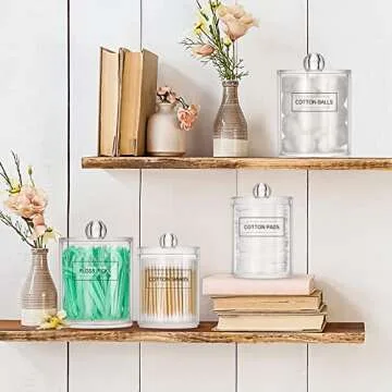 ME.FAN Qtip Holder Dispenser - 4 Pack 10oz, 12oz Clear Plastic Apothecary Jars Set - Restroom Bathroom Makeup Organizers Containers for Cotton Ball/Swab/Round Pads, Floss, Hair Ties, Bath Salt