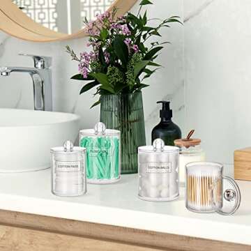 ME.FAN Qtip Holder Dispenser - 4 Pack 10oz, 12oz Clear Plastic Apothecary Jars Set - Restroom Bathroom Makeup Organizers Containers for Cotton Ball/Swab/Round Pads, Floss, Hair Ties, Bath Salt