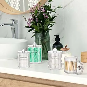 ME.FAN Qtip Holder Dispenser - 4 Pack 10oz, 12oz Clear Plastic Apothecary Jars Set - Restroom Bathroom Makeup Organizers Containers for Cotton Ball/Swab/Round Pads, Floss, Hair Ties, Bath Salt