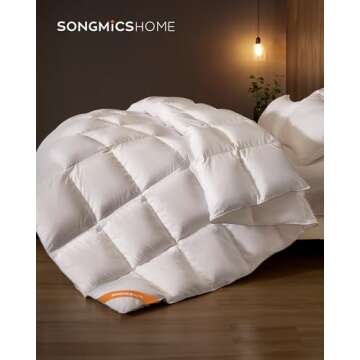 SONGMICS HOME Down Comforter, Down Duvet, Queen Size Duvet Insert, Feather Comforter with Corner Loops, 55 oz Filling, for All Seasons, Winter, Hotel, 90 x 90 Inches, Cloud White UTDC041W01