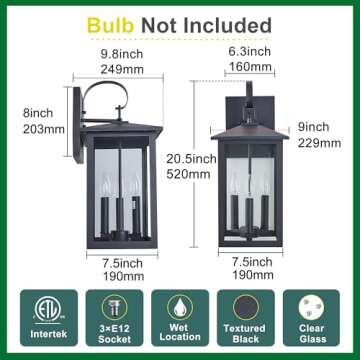 Tarentlight 3-Light 9 inches Wide 20.5 inches High Large Wall Lantern Light with Textured Black Finish and Clear Glass New Traditional Outdoor Wall Lights for a Porch, Patio, Garage, Barn, Foyer