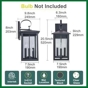 Tarentlight 3-Light 9 inches Wide 20.5 inches High Large Wall Lantern Light with Textured Black Finish and Clear Glass New Traditional Outdoor Wall Lights for a Porch, Patio, Garage, Barn, Foyer