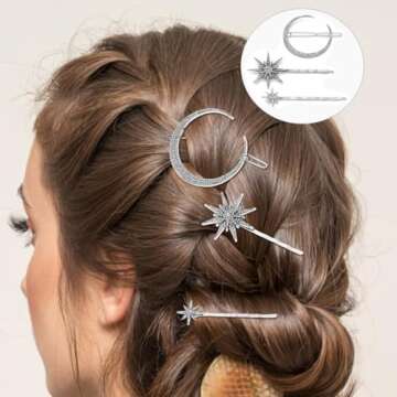 AKOAK 3 Pcs Star and Moon Hairpins, Rhinestone Metal Hair Accessories, Hairstyle Decorate Accessories for Girls or Women, Simple Fashion (Silver)