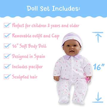 JC Toys Hispanic 16-inch Medium Soft Body Baby Doll La Baby | Washable |Removable Purple Outfit w/Hat and Pacifier | for Children 12 Months +, Hispanic-Purple
