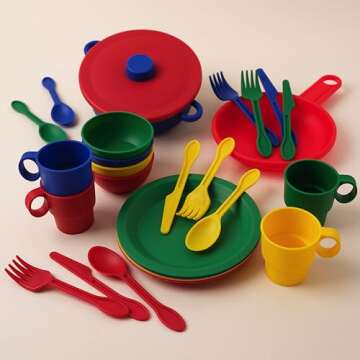 KidKraft 27-Piece Primary Colored Cookware Set, Plastic Dishes and Utensils for Play Kitchens, Gift for Ages 18 mo+
