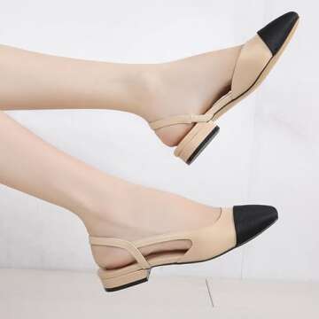 Debaishi Slingback Flat Pumps for Women,Chunky Heels Round Toe Two Toned Casual Slingback Sandals Fashion Dress Low Heel Sandals, Apricot Color Low-heel, 5