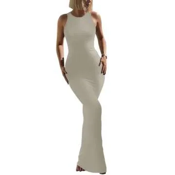 REORIA Women's Basic Summer Sexy Lounge Tank Long Dress Elegant Sleeveless Halter Neck Bodycon Maxi Dresses