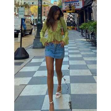 SOFIA'S CHOICE Womens Peplum Tie Front Tops Deep V Neck Long Sleeve Ruffle Hem Blouse Green Medium