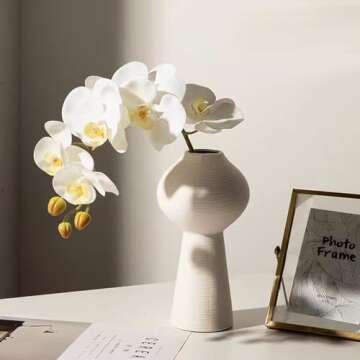 Calcifer® 10 Pcs Artificial Real Touch Latex Phalaenopsis Orchid Stem Bouquets with 2 Leaves Artificial Flowers for Wedding Party Home Garden Decor (White&Yellow Heart)