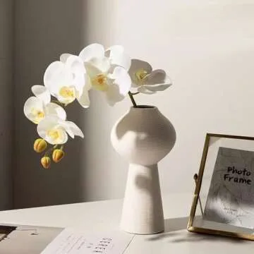 Calcifer® 10 Pcs Artificial Real Touch Latex Phalaenopsis Orchid Stem Bouquets with 2 Leaves Artificial Flowers for Wedding Party Home Garden Decor (White&Yellow Heart)