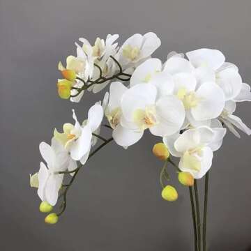 Calcifer® 10 Pcs Artificial Real Touch Latex Phalaenopsis Orchid Stem Bouquets with 2 Leaves Artificial Flowers for Wedding Party Home Garden Decor (White&Yellow Heart)