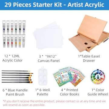 Falling in Art Tabletop Easel Set - 29 Pieces Starter Kit - Artist Acrylic Painting Kit with 12 Acry...