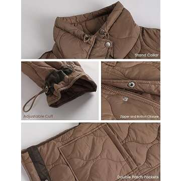 Athlisan Quilted Puffer Jacket for Women Lightweight Zip Up Long Sleeve Short Padded Coat with Pockets(Brown-M)