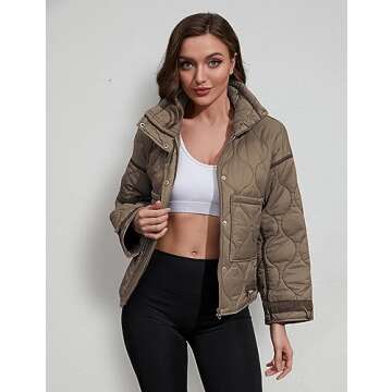 Athlisan Quilted Puffer Jacket for Women Lightweight Zip Up Long Sleeve Short Padded Coat with Pockets(Brown-M)