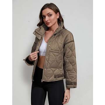 Athlisan Quilted Puffer Jacket for Women Lightweight Zip Up Long Sleeve Short Padded Coat with Pockets(Brown-M)
