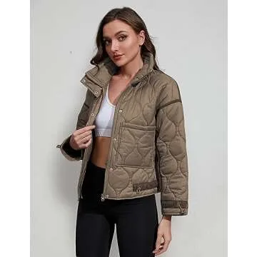 Athlisan Quilted Puffer Jacket for Women Lightweight Zip Up Long Sleeve Short Padded Coat with Pockets(Brown-M)