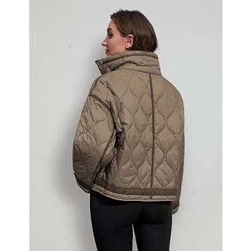 Athlisan Quilted Puffer Jacket for Women Lightweight Zip Up Long Sleeve Short Padded Coat with Pockets(Brown-M)