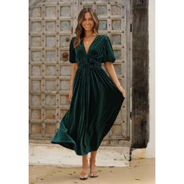 Sissyaki Women's Velvet Dress Formal Dresses for Wedding Guest 2024 Fall Dress Emerald Green XL