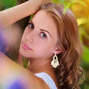 Hicarer 6 Pair Valentine's Day Rattan Earrings Straw Earrings for Women Tassel Woven Bohemian Earring Wicker Braid Hoop Drop Beach Earrings for Girls(Elegant Series)