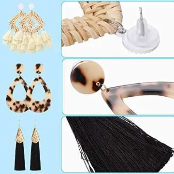 Hicarer 6 Pair Valentine's Day Rattan Earrings Straw Earrings for Women Tassel Woven Bohemian Earring Wicker Braid Hoop Drop Beach Earrings for Girls(Elegant Series)