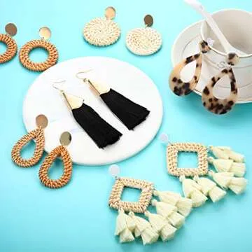 Hicarer 6 Pair Valentine's Day Rattan Earrings Straw Earrings for Women Tassel Woven Bohemian Earring Wicker Braid Hoop Drop Beach Earrings for Girls(Elegant Series)