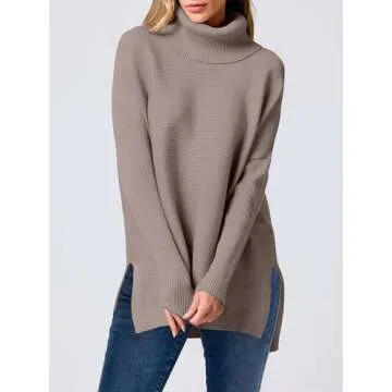 ANRABESS Women's Oversized Turtleneck Batwing Sleeve Spilt Casual Loose Knit Tunic Pullover Sweater Tops 2025 Fall Outfits Brown Small