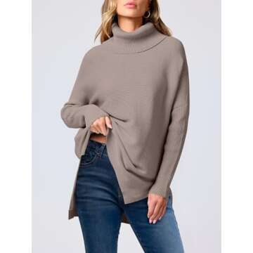 ANRABESS Women's Oversized Turtleneck Batwing Sleeve Spilt Casual Loose Knit Tunic Pullover Sweater Tops 2025 Fall Outfits Brown Small