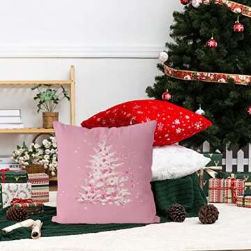 GAGEC Christmas Pillow Covers 18 x 18 Inch Pink Merry Christmas Tree Throw Pillows Winter Pillowcase Home Decor Living Room Cushion Case for Sofa Couch