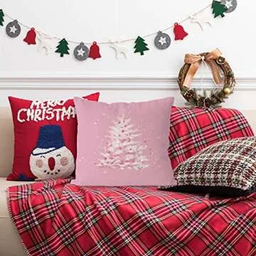 GAGEC Christmas Pillow Covers 18 x 18 Inch Pink Merry Christmas Tree Throw Pillows Winter Pillowcase Home Decor Living Room Cushion Case for Sofa Couch