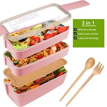 Iteryn Bento Adults Lunch Box, Stackable Bento Box, 3-In-1 Compartment - Wheat Straw, Leakproof Bent...