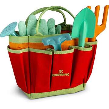 Kinderific Gardening Set, Tool Kit, for Toddlers and Kids 2 Years and up, STEM, Includes Tote Bag, Spade, Watering Can, Rake, Fork, Trowel and Glove (Bright Yellow)