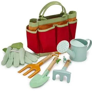 Kinderific Gardening Set, Tool Kit, for Toddlers and Kids 2 Years and up, STEM, Includes Tote Bag, Spade, Watering Can, Rake, Fork, Trowel and Glove (Bright Yellow)