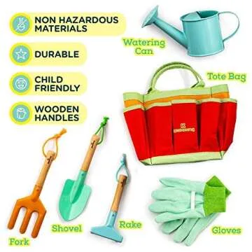 Kinderific Gardening Set, Tool Kit, for Toddlers and Kids 2 Years and up, STEM, Includes Tote Bag, Spade, Watering Can, Rake, Fork, Trowel and Glove (Bright Yellow)
