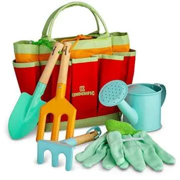 Kinderific Gardening Set, Tool Kit, for Toddlers and Kids 2 Years and up, STEM, Includes Tote Bag, Spade, Watering Can, Rake, Fork, Trowel and Glove (Bright Yellow)