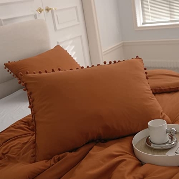 Burnt Orange Pom Poms Pillowcases King Size - Soft Microfiber, Pumpkin Pillowcases Set of 2, Rust Ca...
