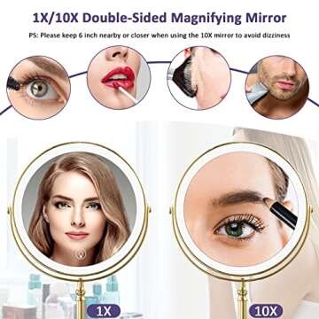 AMZTOLIFE Gold Makup Mirror with Lights, 10X Magnifying Lighted Vanity Mirror, 8 Inches 360 Swivel Two-Sided Tabletop Mirror Gold Finish