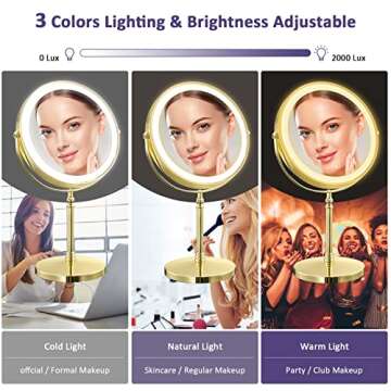 AMZTOLIFE Gold Makup Mirror with Lights, 10X Magnifying Lighted Vanity Mirror, 8 Inches 360 Swivel Two-Sided Tabletop Mirror Gold Finish