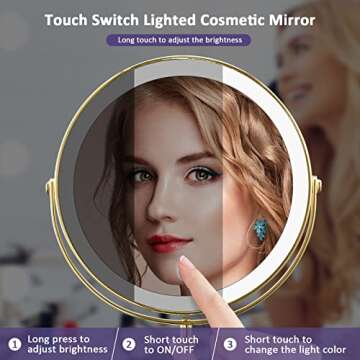 AMZTOLIFE Gold Makup Mirror with Lights, 10X Magnifying Lighted Vanity Mirror, 8 Inches 360 Swivel Two-Sided Tabletop Mirror Gold Finish