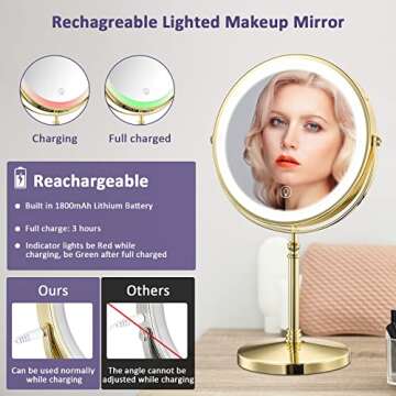 AMZTOLIFE Gold Makup Mirror with Lights, 10X Magnifying Lighted Vanity Mirror, 8 Inches 360 Swivel Two-Sided Tabletop Mirror Gold Finish