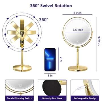 AMZTOLIFE Gold Makup Mirror with Lights, 10X Magnifying Lighted Vanity Mirror, 8 Inches 360 Swivel Two-Sided Tabletop Mirror Gold Finish