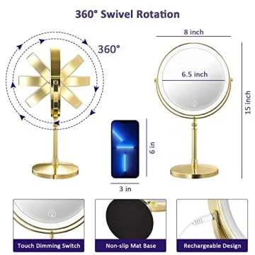 AMZTOLIFE Gold 10X Makeup Mirror with Lights and Swivel