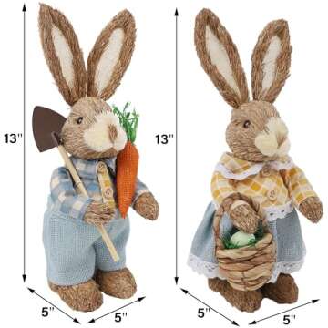 DR.DUDU Set of 2 Easter Decorations 13" Bunny Figurines Tabletop Spring Decor, Rustic Straw Bunny Co...