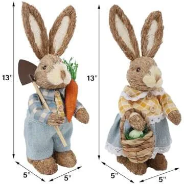 DR.DUDU Set of 2 Easter Decorations 13" Bunny Figurines Tabletop Spring Decor, Rustic Straw Bunny Co...