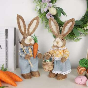 DR.DUDU Set of 2 Easter Decorations 13" Bunny Figurines Tabletop Spring Decor, Rustic Straw Bunny Couple with Carrot, Sisal Rabbit Statues Ornaments for Table Home Office Kitchen Farmhouse