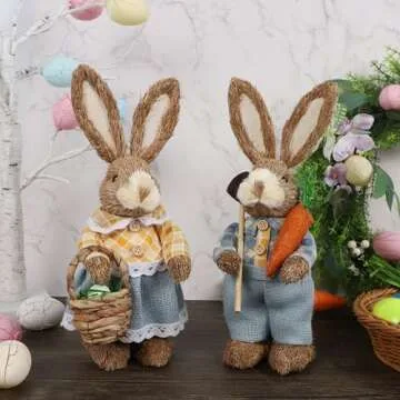 DR.DUDU Set of 2 Easter Decorations 13" Bunny Figurines Tabletop Spring Decor, Rustic Straw Bunny Couple with Carrot, Sisal Rabbit Statues Ornaments for Table Home Office Kitchen Farmhouse